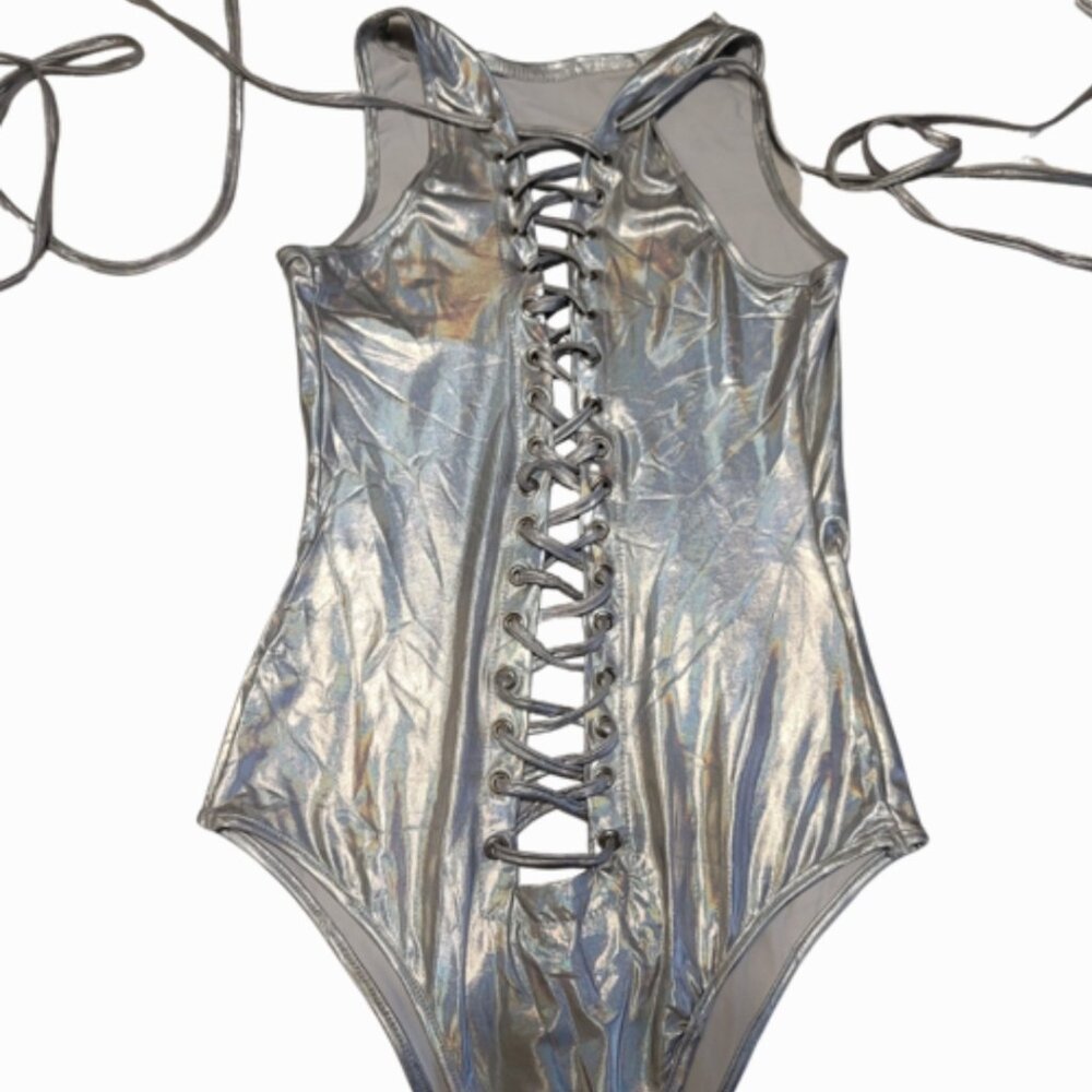 silver lace-up bodysuit